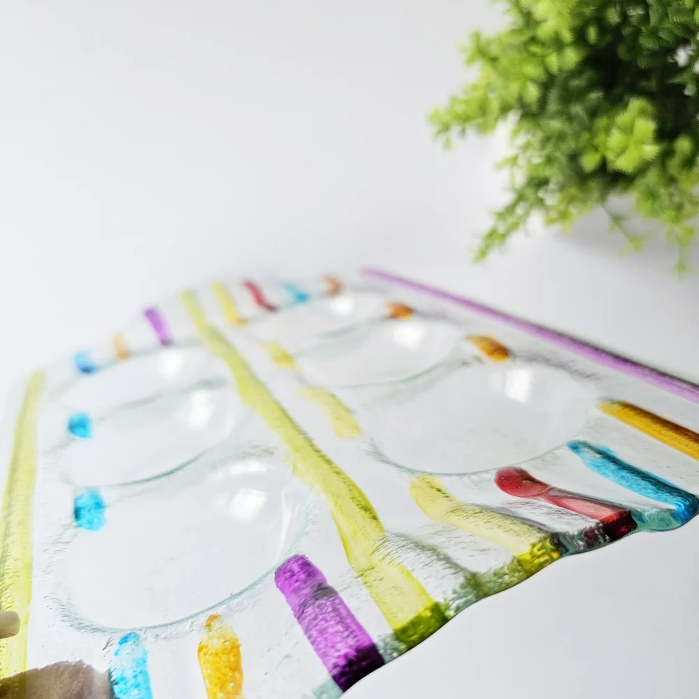 Striped Contemporary Style Fused Glass Candle Holder Tray Six Tea Light Candles